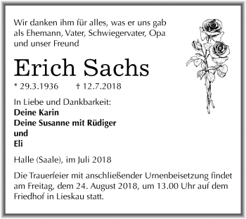 Traueranzeige von Erich Sachs von Mitteldeutsche Zeitung Halle/Saalkreis