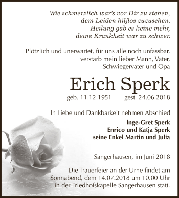 Traueranzeige von Erich Sperk von Super Sonntag SGH Mansf. Land