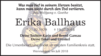 Traueranzeige von Erika Ballhaus von Mitteldeutsche Zeitung