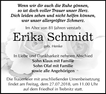 Traueranzeige von Erika Schmidt von Mitteldeutsche Zeitung Bernburg