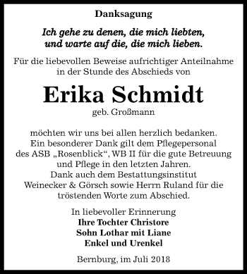 Traueranzeige von Erika Schmidt von Mitteldeutsche Zeitung Bernburg