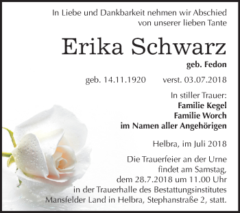 Traueranzeige von Erika Schwarz von Mitteldeutsche Zeitung