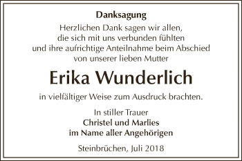 Traueranzeige von Erika Wunderlich von WVG - Wochenspiegel NMB / WSF / ZTZ