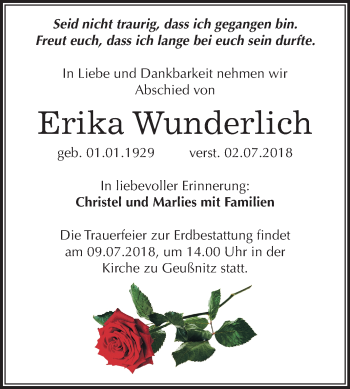 Traueranzeige von Erika Wunderlich von Mitteldeutsche Zeitung Zeitz