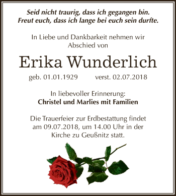 Traueranzeige von Erika Wunderlich von WVG - Wochenspiegel NMB / WSF / ZTZ