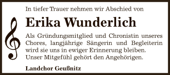 Traueranzeige von Erika Wunderlich von Super Sonntag Zeitz