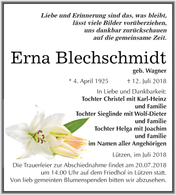 Traueranzeige von Erna Blechschmidt von Super Sonntag Merseburg