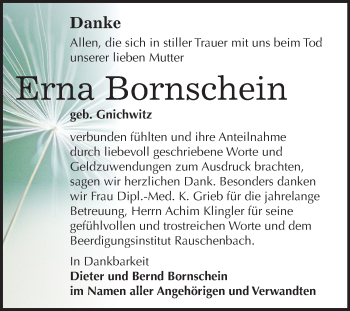 Traueranzeige von Erna Bornschein von Mitteldeutsche Zeitung