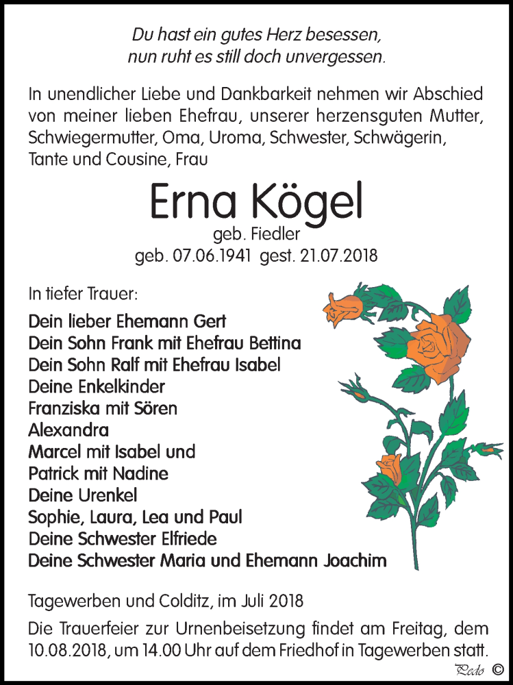  Traueranzeige für Erna Kögel vom 28.07.2018 aus Mitteldeutsche Zeitung Weißenfels