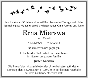 Traueranzeige von Erna Mierswa von Mitteldeutsche Zeitung Halle/Saalkreis