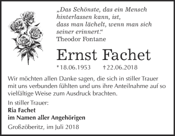 Traueranzeige von Ernst Fachet von WVG - Wochenspiegel Bitterfeld