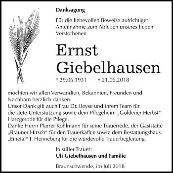 Traueranzeige von Ernst Giebelhausen von Mitteldeutsche Zeitung