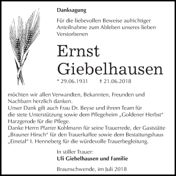 Traueranzeige von Ernst Giebelhausen von Super Sonntag Quedlinburg