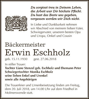 Traueranzeige von Erwin Eschholz von Super Sonntag SGH Mansf. Land