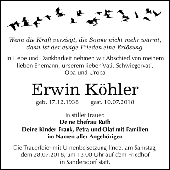 Traueranzeige von Erwin Köhler von Mitteldeutsche Zeitung Bitterfeld