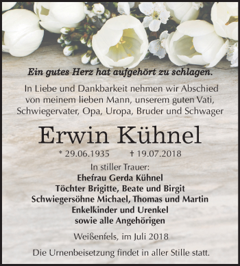 Traueranzeige von Erwin Kühnel von Mitteldeutsche Zeitung Weißenfels
