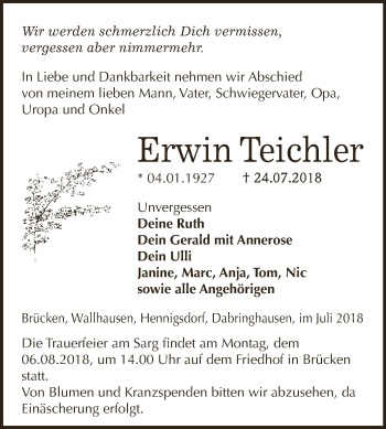 Traueranzeige von Erwin Teichler von Super Sonntag SGH Mansf. Land