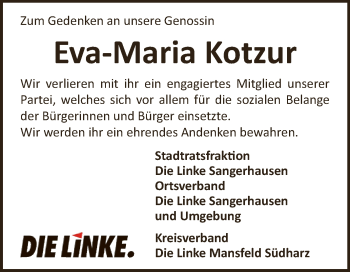 Traueranzeige von Eva-Maria Kotzur von Super Sonntag SGH Mansf. Land