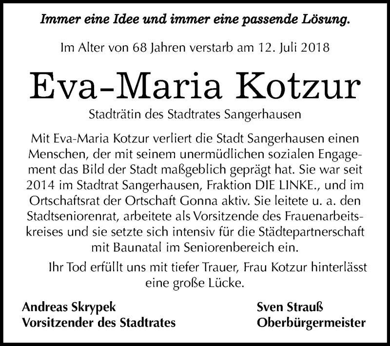  Traueranzeige für Eva-Maria Kotzur vom 21.07.2018 aus Mitteldeutsche Zeitung Sangerhausen