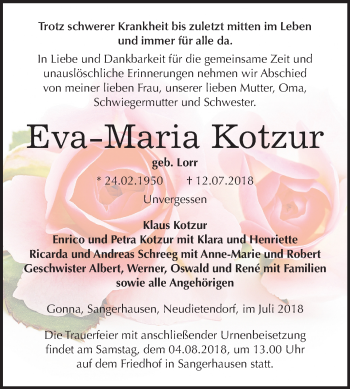 Traueranzeige von Eva-Maria Kotzur von Mitteldeutsche Zeitung Sangerhausen
