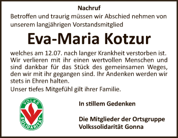 Traueranzeige von Eva-Maria Kotzur von Super Sonntag SGH Mansf. Land