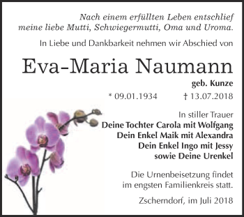 Traueranzeige von Eva-Maria Naumann von WVG - Wochenspiegel Bitterfeld