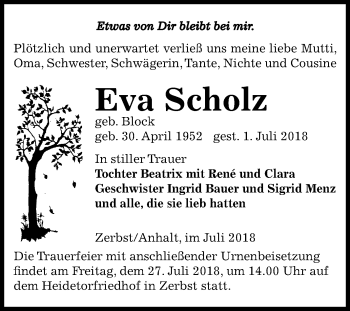Traueranzeige von Eva Scholz von Mitteldeutsche Zeitung Dessau-Roßlau