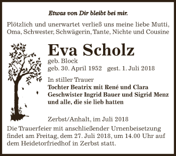 Traueranzeige von Eva Scholz von WVG - Wochenspiegel Dessau / Köthen