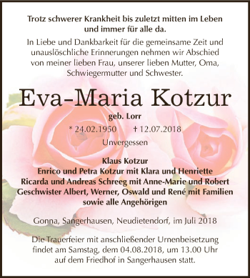 Traueranzeige von Eva Maria Kotzur von Super Sonntag SGH Mansf. Land