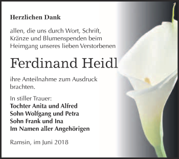 Traueranzeige von Ferdinand Heidl von WVG - Wochenspiegel Bitterfeld