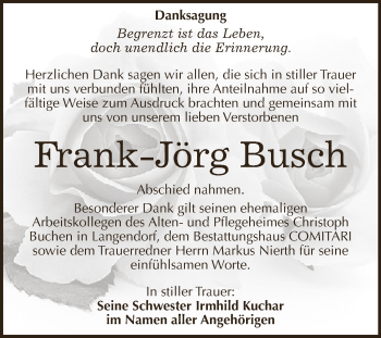 Traueranzeige von Frank-Jörg Busch von WVG - Wochenspiegel NMB / WSF / ZTZ