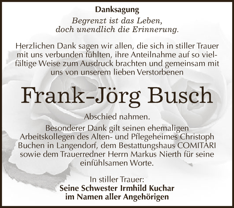  Traueranzeige für Frank-Jörg Busch vom 11.07.2018 aus WVG - Wochenspiegel NMB / WSF / ZTZ