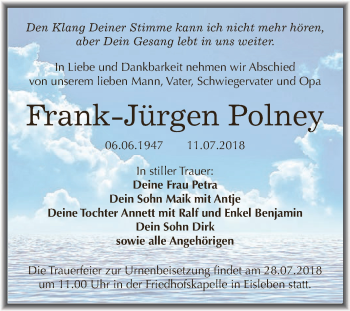 Traueranzeige von Margarete und Frank Jürgen Polney von Wochenspiegel Mansfelder Land