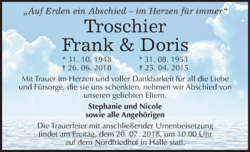 Traueranzeige von Frank und Doris Troschier von Mitteldeutsche Zeitung Halle/Saalkreis
