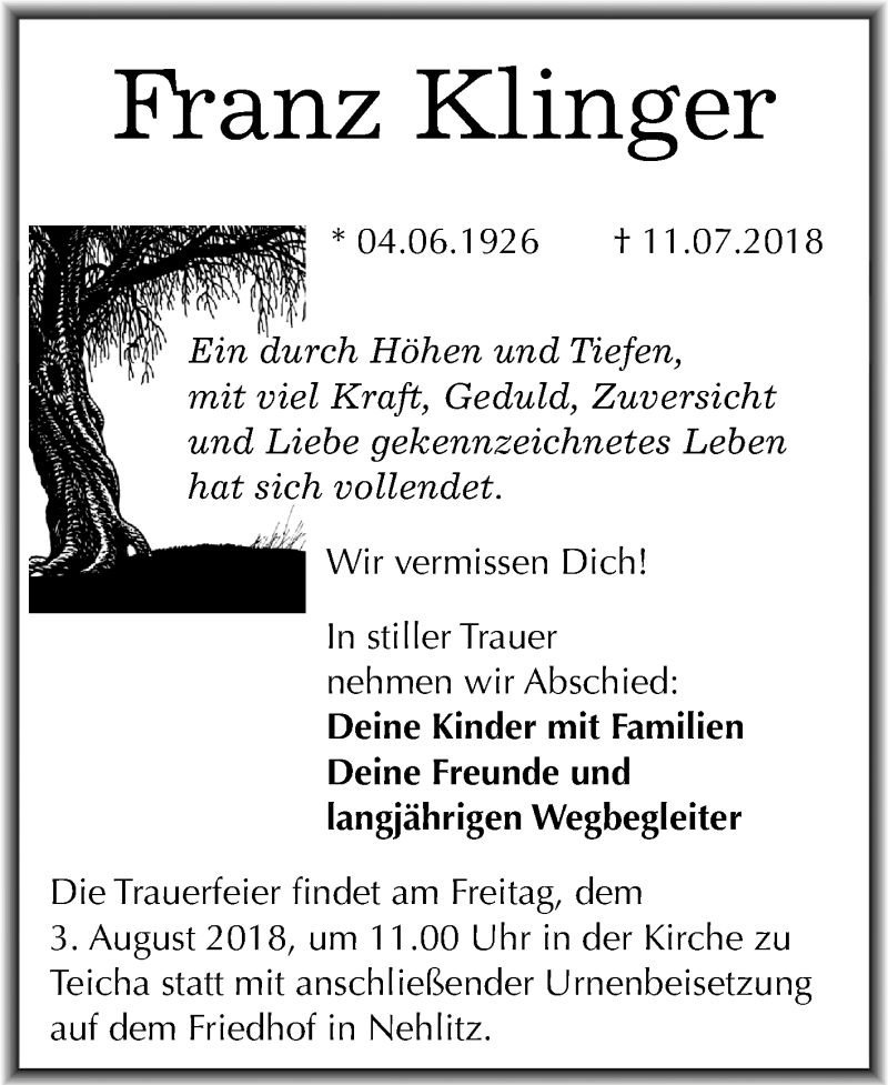  Traueranzeige für Franz Klinger vom 21.07.2018 aus Mitteldeutsche Zeitung Halle/Saalkreis