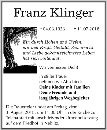 Traueranzeige von Franz Klinger von Mitteldeutsche Zeitung Halle/Saalkreis