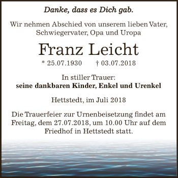 Traueranzeige von Franz Leicht von Wochenspiegel Mansfelder Land