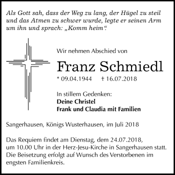 Traueranzeige von Franz Schmiedl von Mitteldeutsche Zeitung