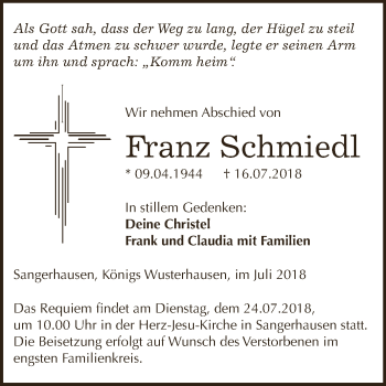 Traueranzeige von Franz Schmiedl von Super Sonntag SGH Mansf. Land