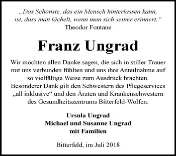 Traueranzeige von Franz Ungrad von Mitteldeutsche Zeitung Bitterfeld