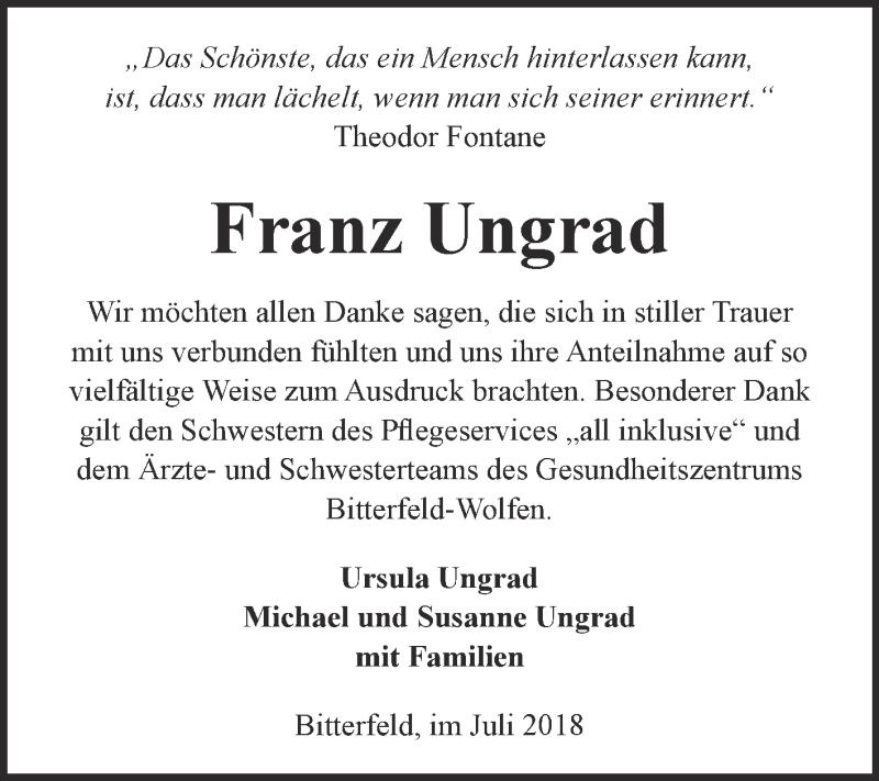  Traueranzeige für Franz Ungrad vom 25.07.2018 aus WVG - Wochenspiegel Bitterfeld