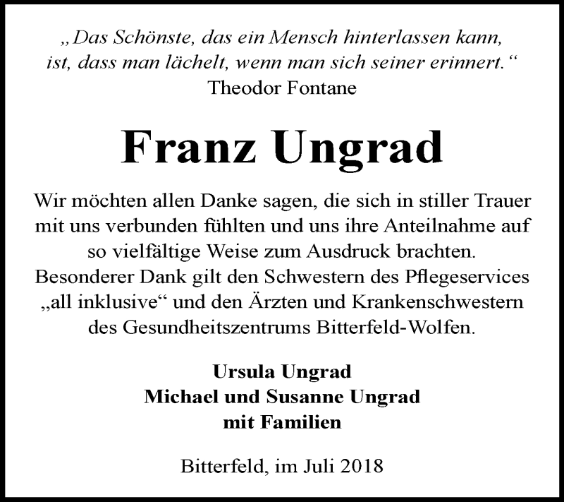  Traueranzeige für Franz Ungrad vom 20.07.2018 aus Mitteldeutsche Zeitung Bitterfeld