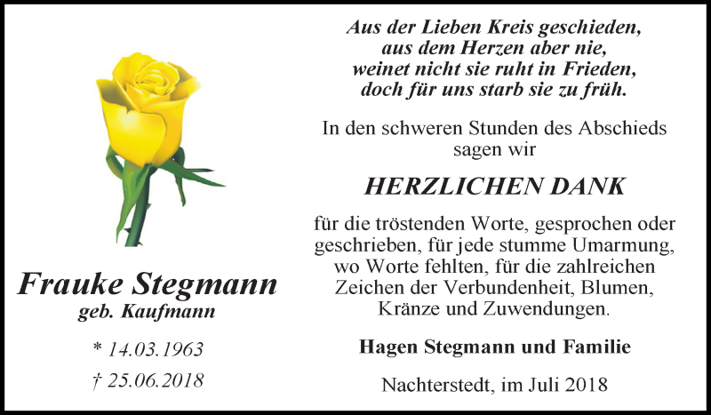  Traueranzeige für Frauke Stegmann vom 05.07.2018 aus Mitteldeutsche Zeitung Aschersleben