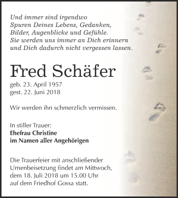 Traueranzeige von Fred Schäfer von WVG - Wochenspiegel Bitterfeld