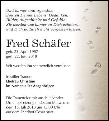 Traueranzeige von Fred Schäfer von Mitteldeutsche Zeitung Bitterfeld