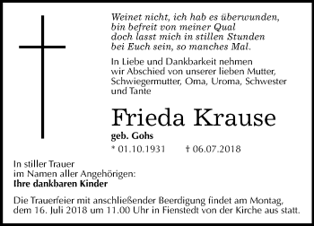 Traueranzeige von Frieda Krause von Mitteldeutsche Zeitung Halle/Saalkreis