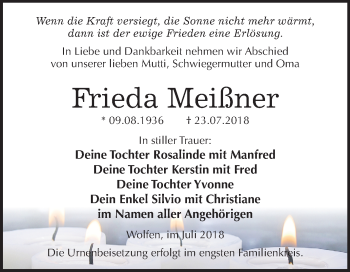 Traueranzeige von Frieda Meißner von Mitteldeutsche Zeitung Bitterfeld