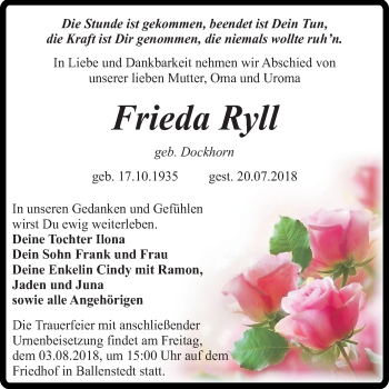 Traueranzeige von Frieda Ryll von Mitteldeutsche Zeitung Quedlinburg