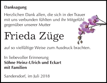 Traueranzeige von Frieda Züge von Mitteldeutsche Zeitung Bitterfeld