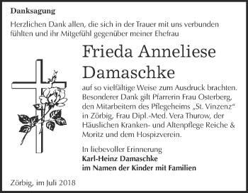 Traueranzeige von Frieda Anneliese Damaschke von WVG - Wochenspiegel Bitterfeld